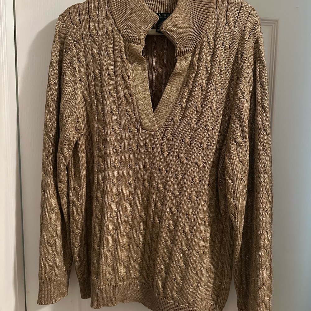 Ralph Lauren Women's V-Neck Cable Knit Sweater - Tan